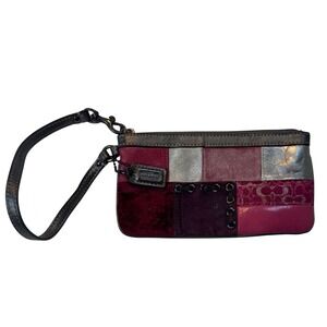 Coach Patchwork Leather Suede Velvet Wristlet Burgundy Pink Silver Metallic